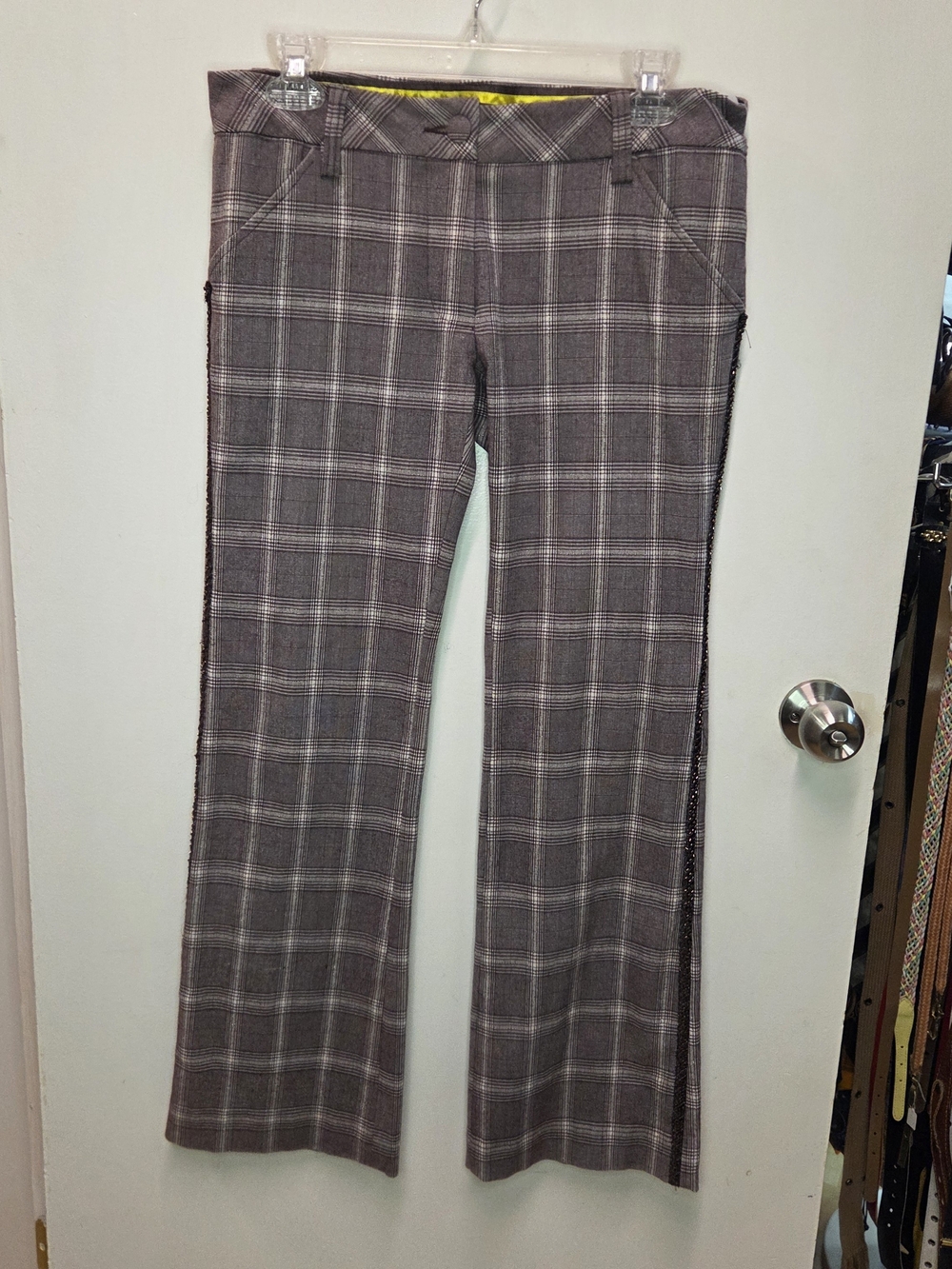 Vintage Y2K Dex Plaid Pants Size 8 Grey Brown Beaded Rhinestone Seam Trousers